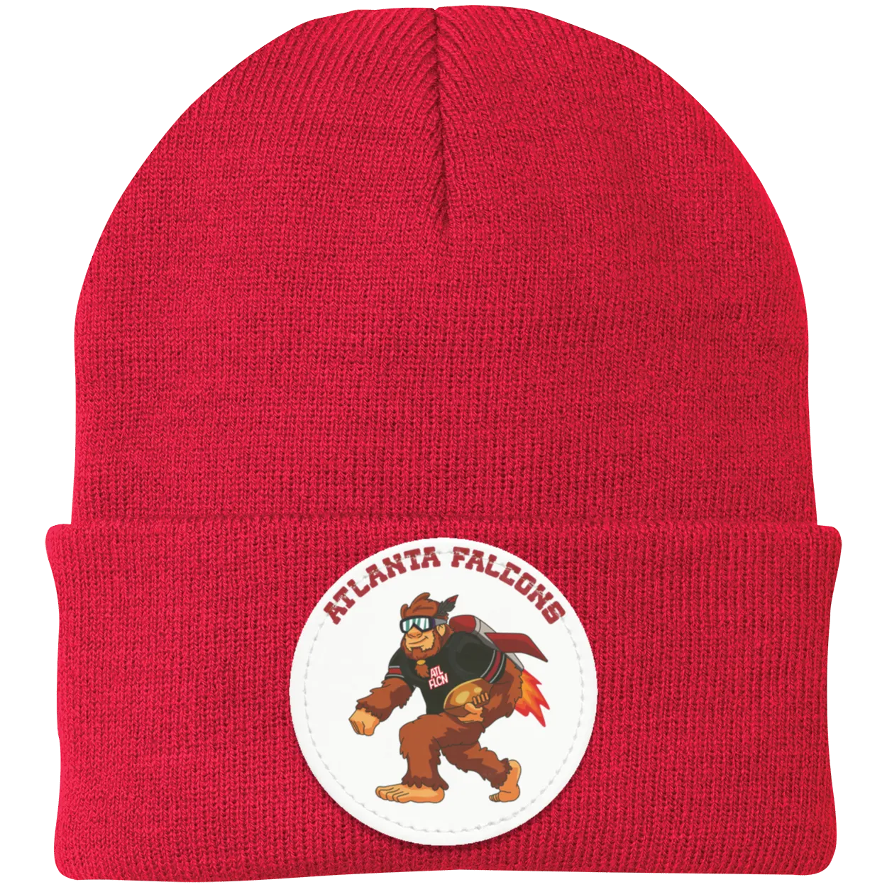 Atlanta Falcons red knit beanie Sasquatch Sunday graphic