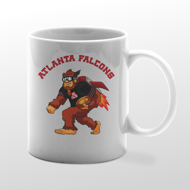 White mug with Falcons Bigfoot graphic