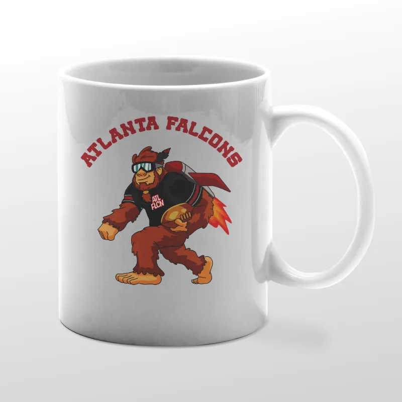 White mug with Falcons Bigfoot graphic